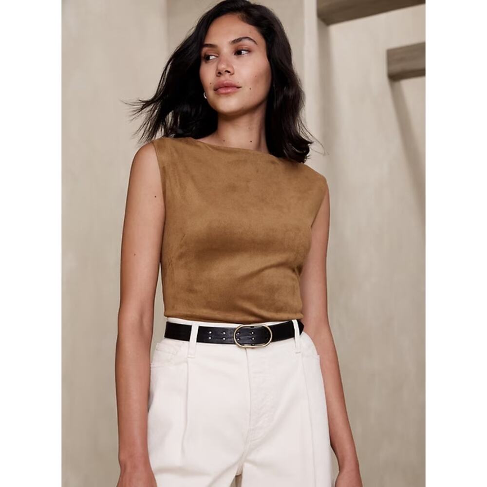 Banana Republic NEW Vegan Suede Boat-Neck Sleeveless Top in Horse Hair Medium
